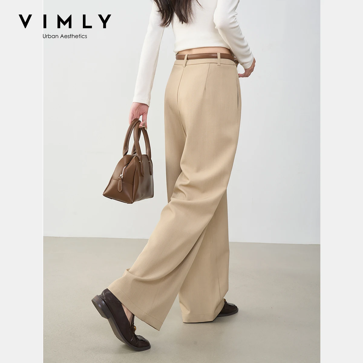 Vimly cáqui calças plissadas outono 2025 mulheres casuais calças de perna larga meados de cintura botões soltos femmes calças roupas femininas a2177