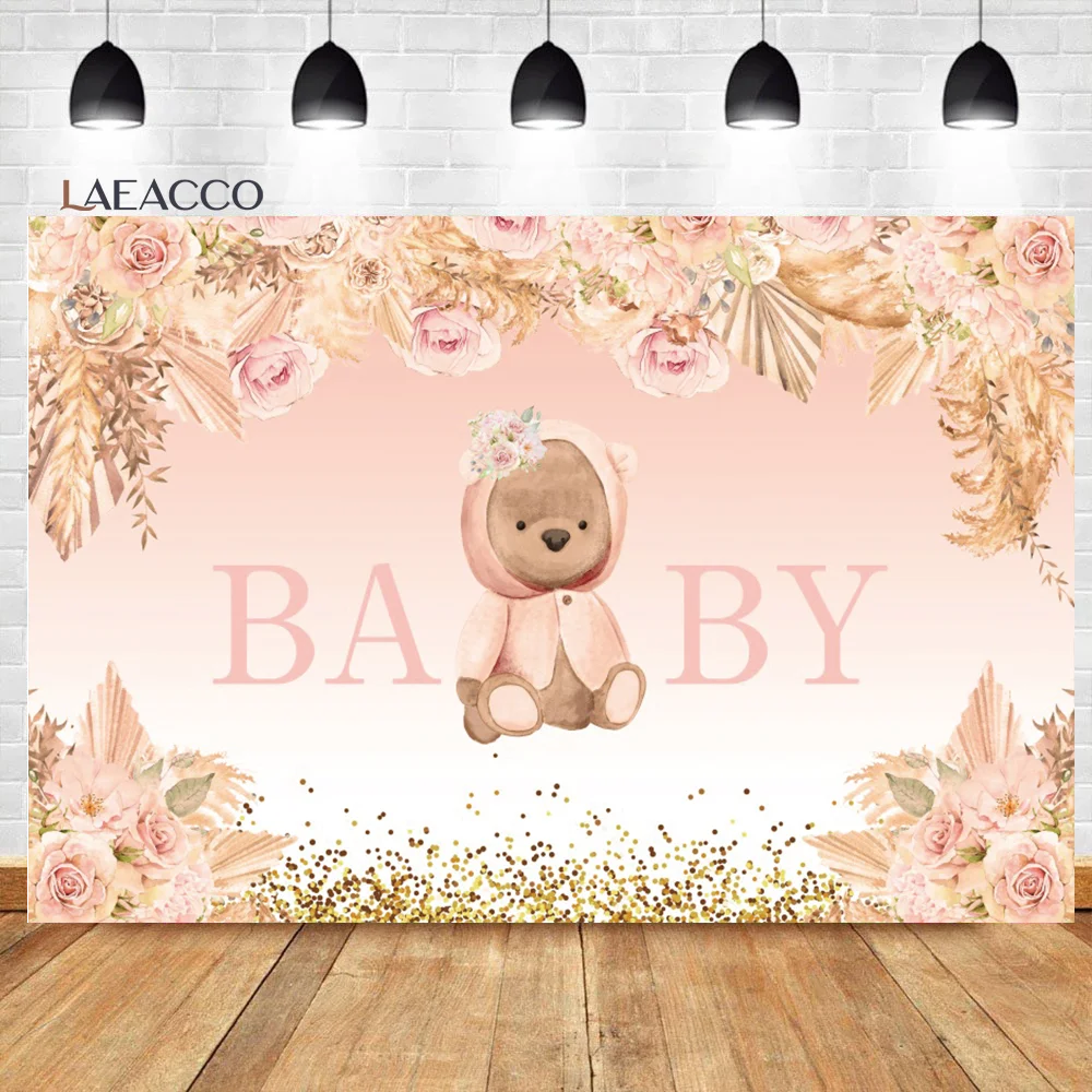 

Laeacco Cute Bear Baby Shower Background Pink Floral Gold Glitter Girl Birthday Newborn Portrait Customized Photography Backdrop