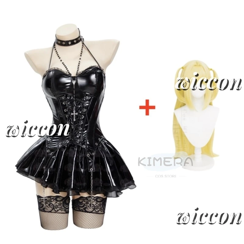 In Stock Miss Misa Halloween Gothic Black Lace-up Corset Top and Skirt with Net Stockings and Sleeves Cosplay Costume and Wig