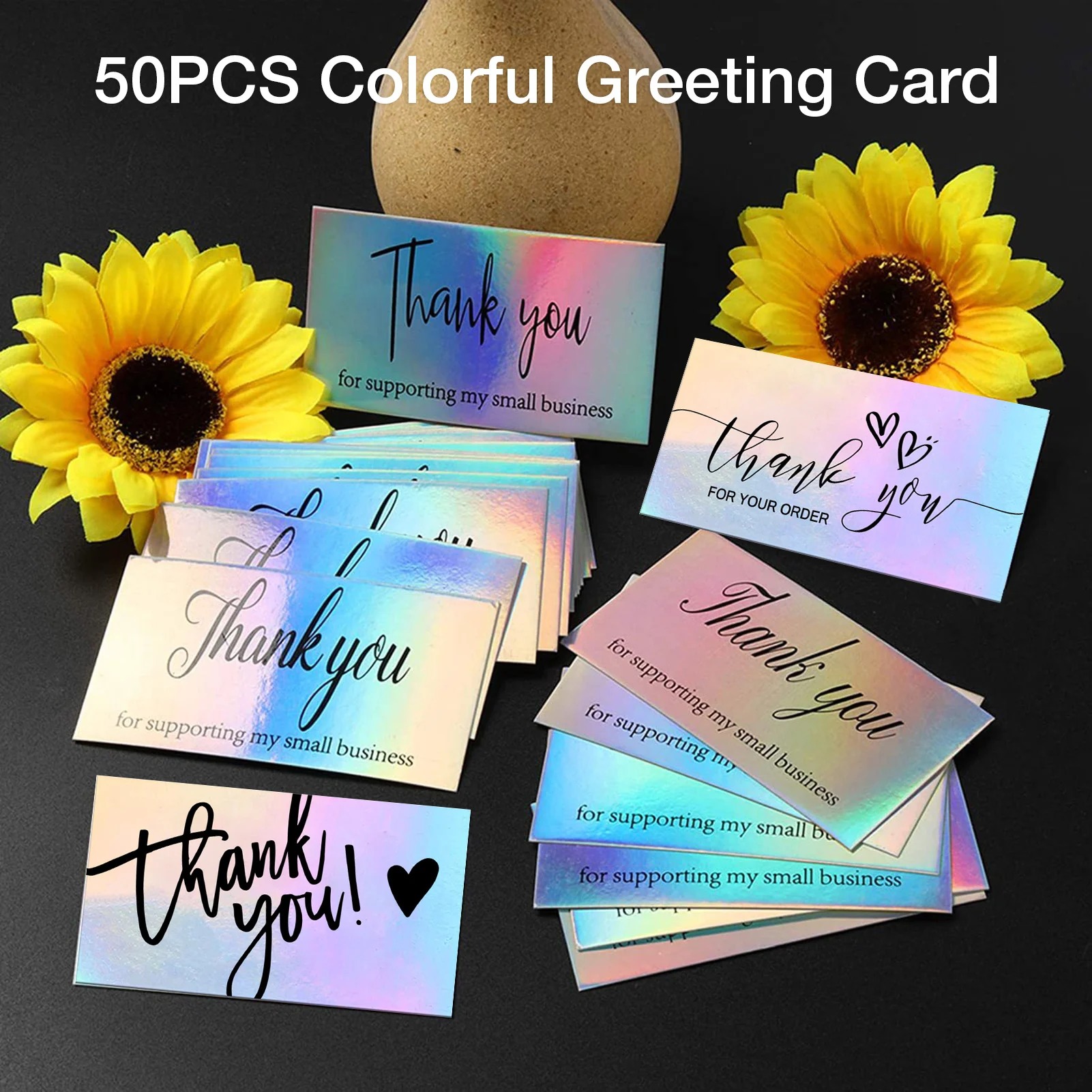 50 Pcs Thank You For Supporting My Small Business Reflective Laser Appreciate Cards Greeting Postcard For Online Retail Shopping