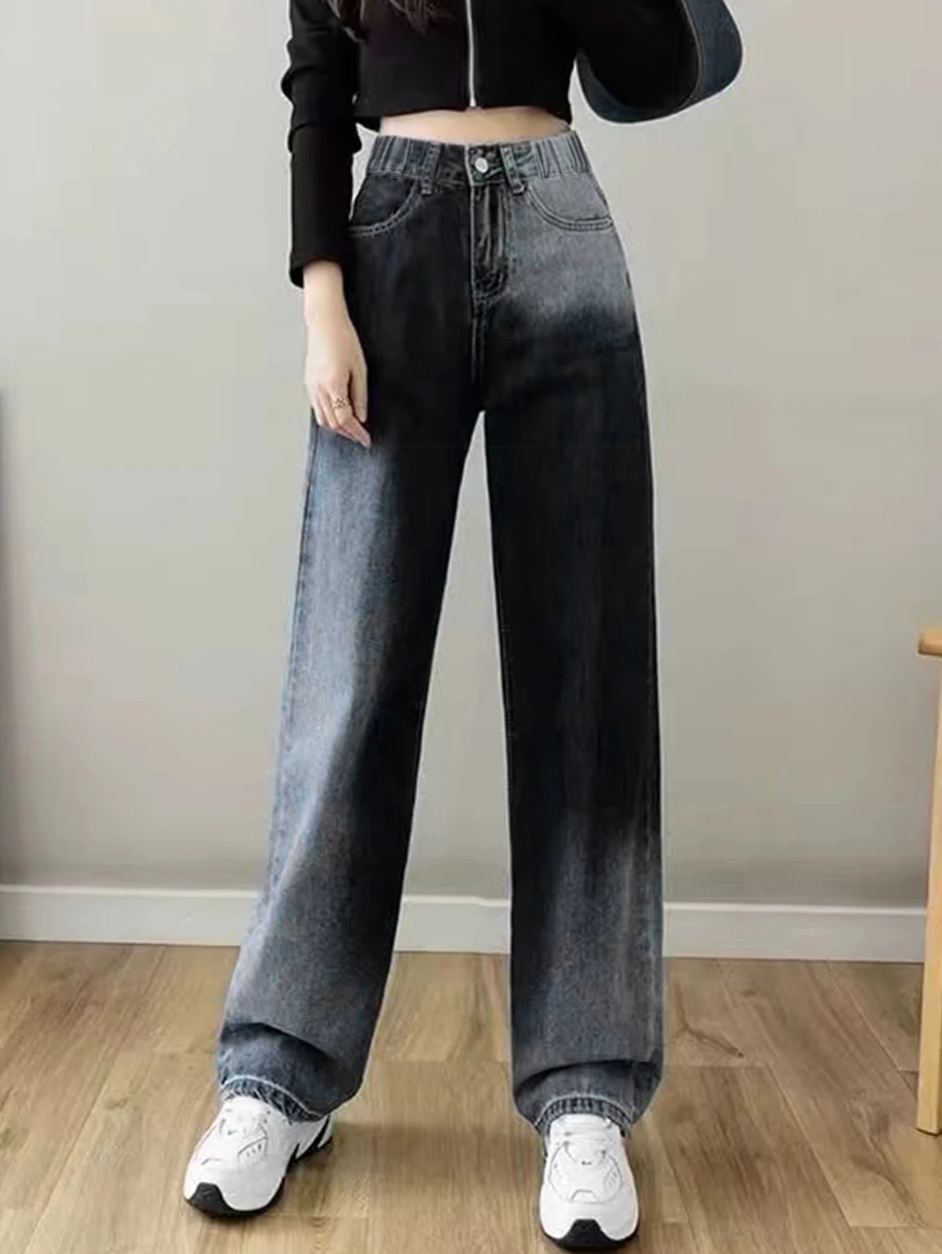 

Teenage Girl Washed Gradient Black Loose-Fit Long Straight-Leg Casual Wide Leg Jeans
