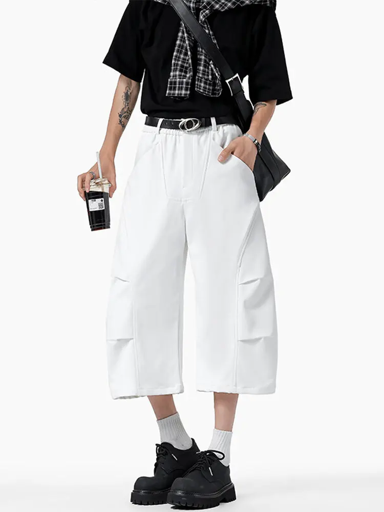 

Белые мужские летние брюки-плиссе в американском стиле, с эффектом драпировки, широкие, укороченные, повседневные