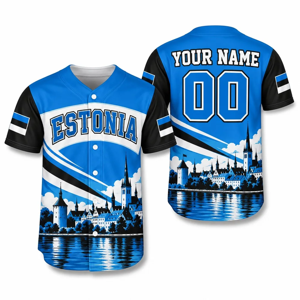 Estonia Blue Black White Shirts Medieval Skyline Jerseys Shirt and Graphic Landscape Print Nature Forest Baseball Jersey