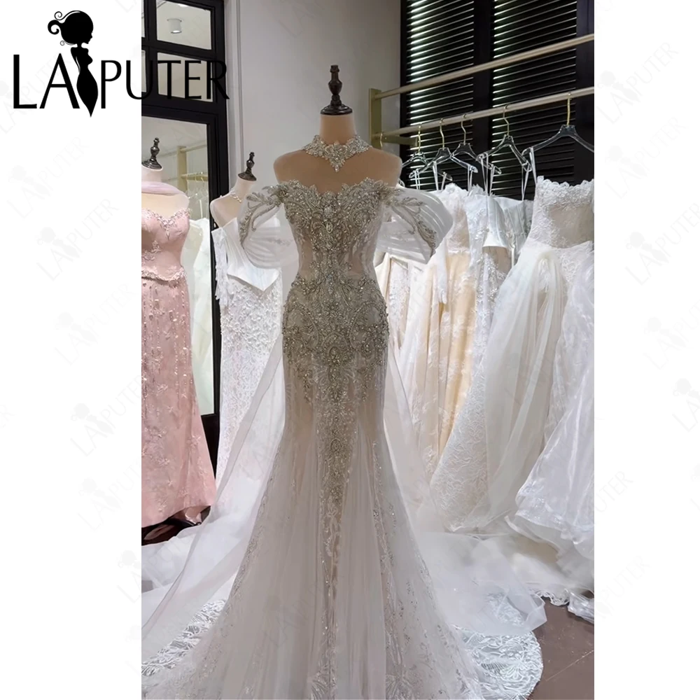 

Luxury Crystal Stones Bridal Wedding Dresses Mermaid Sweetheart Neck Organza Long Cape Prom Dress Illusion Nude Bride Party Gown
