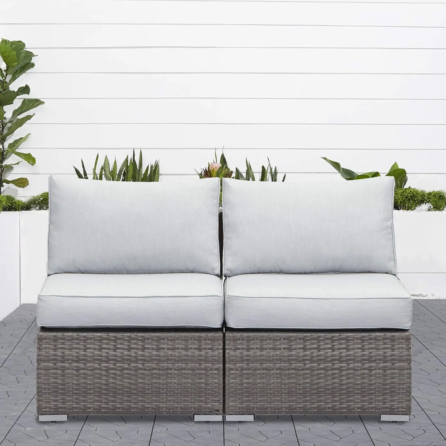 Patio Furniture Sets, Outdoor Sectional Furniture with Armless Sofa, Tempered Glass Table and Cushion, Patio Conversation Sets