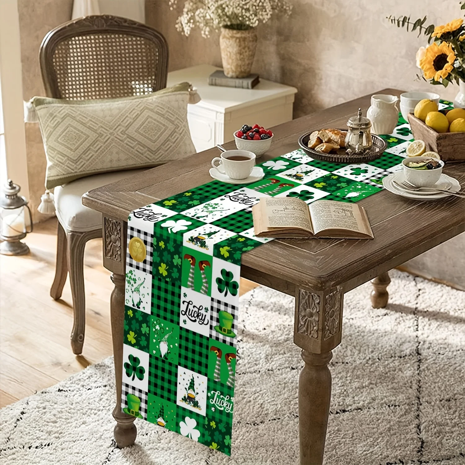 St Patrick Day Lucky Clover Gnome Table Runner - Green Black White Buffalo Plaid Runner for Holiday Kitchen & Dining Decor