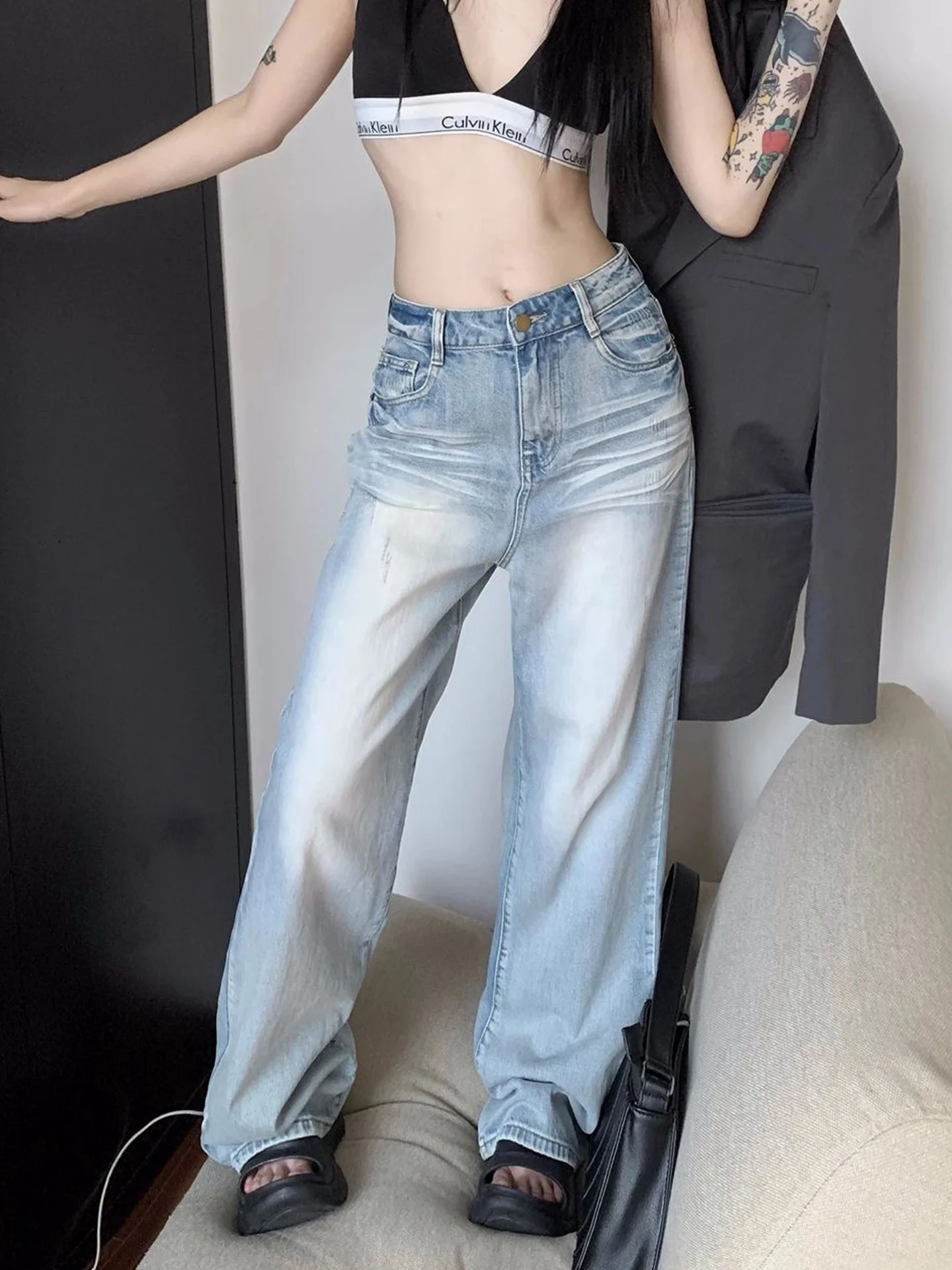 

American Style High Waist Loose Fit Straight Leg Blue Jeans Women's Summer New Fashion Slimming Wide Leg Long Trousers