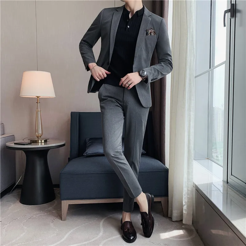 (Jas + Broek) 2023 Pakken Mode Nieuwe Mannen Hoge Kwaliteit Lage Prijs Zakelijke Bruiloft Bruidegom Pure Kleur Blazers Broek 2 Stuks Set
