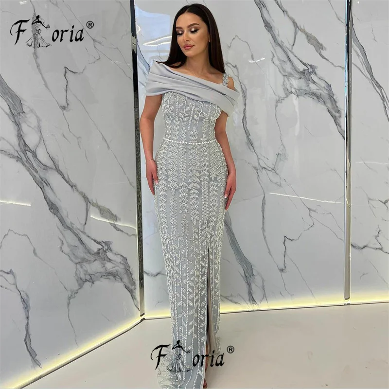 

Long Elegant Silver Evening Dresses Beaded Appliques Leaves Formal Occasion Party Gowns Wedding Ceremony Wear vestidos de noite