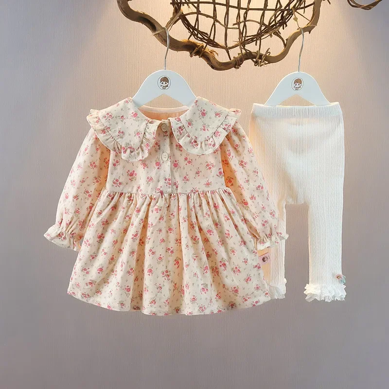 2024 Autumn New Girl Korean Edition Sweet Cute Flower Two Piece Set Baby Autumn Dress Little Girl Short Skirt Set Girl Clothes