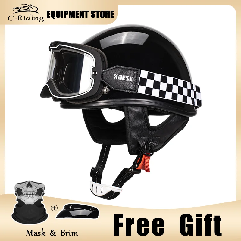 

New Arrival Bright Black Motorcycle Summer Retro Half Helmet Harley Parade Safety for Men and Women with Color-changing Goggles