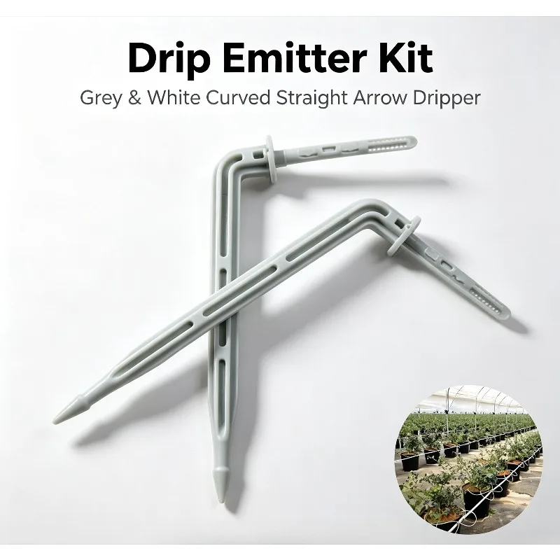 Blueberry Drip Emitter Kit, Grey & White Curved Straight Arrow Dripper Plastic Irrigation Fittings for Greenhouse Nursery Plant