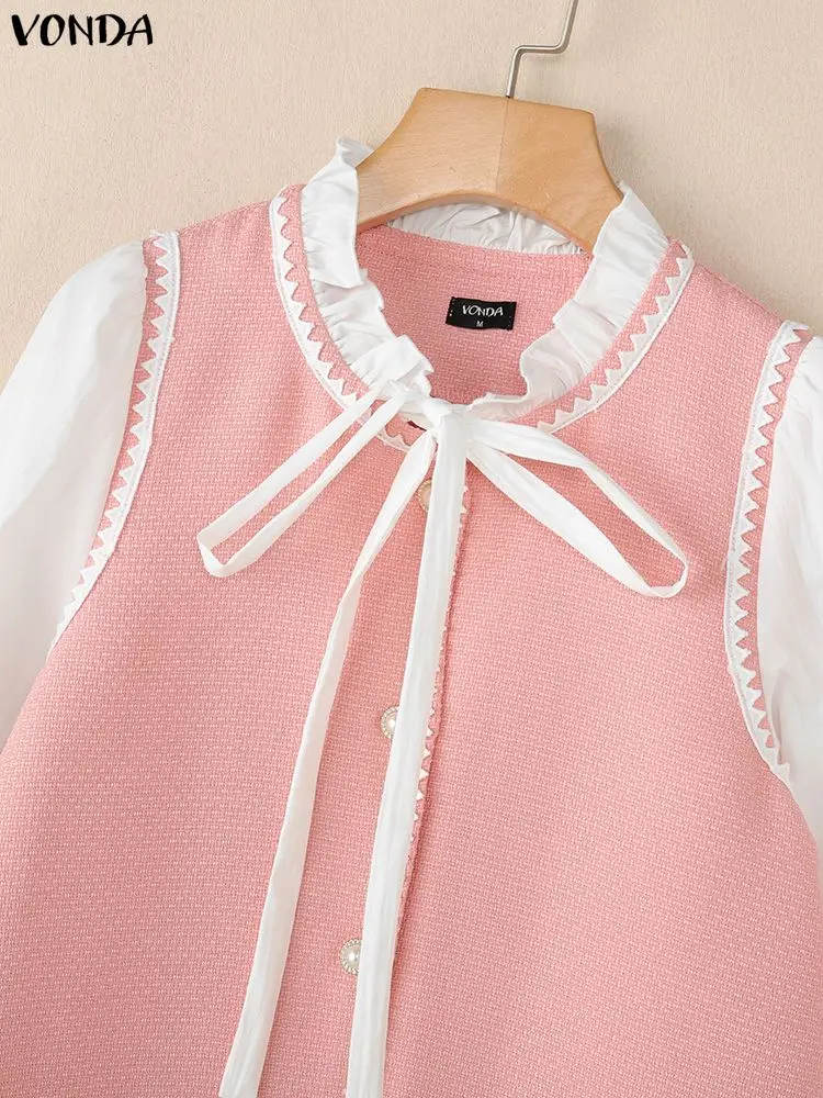 VONDA Elegancka Sukienka Biurowa Damska 2025 Jesień Patchworkowa Casualowa Mini Sukienka Letnia Długi Rękaw Modna Bandage OL Sukienka na Imprezę Vestidos