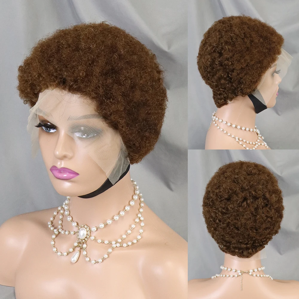 13X4 Pixie Cut Wigs Human Hair Glueless 13X4 Transparent Lace Front Short Kinky Curly Afro Brazilian 100% Natural Black Color