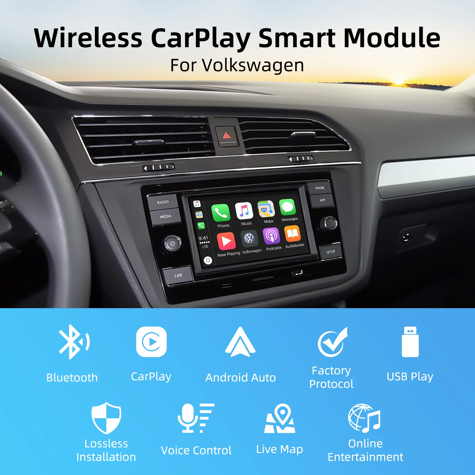مجموعة التحديثية التلقائية اللاسلكية CarPlay Android لـ VW MIB2 OEM صندوق فك ترقية الشاشة للجولف 7 Tiguan Lamando Magotan Phideon