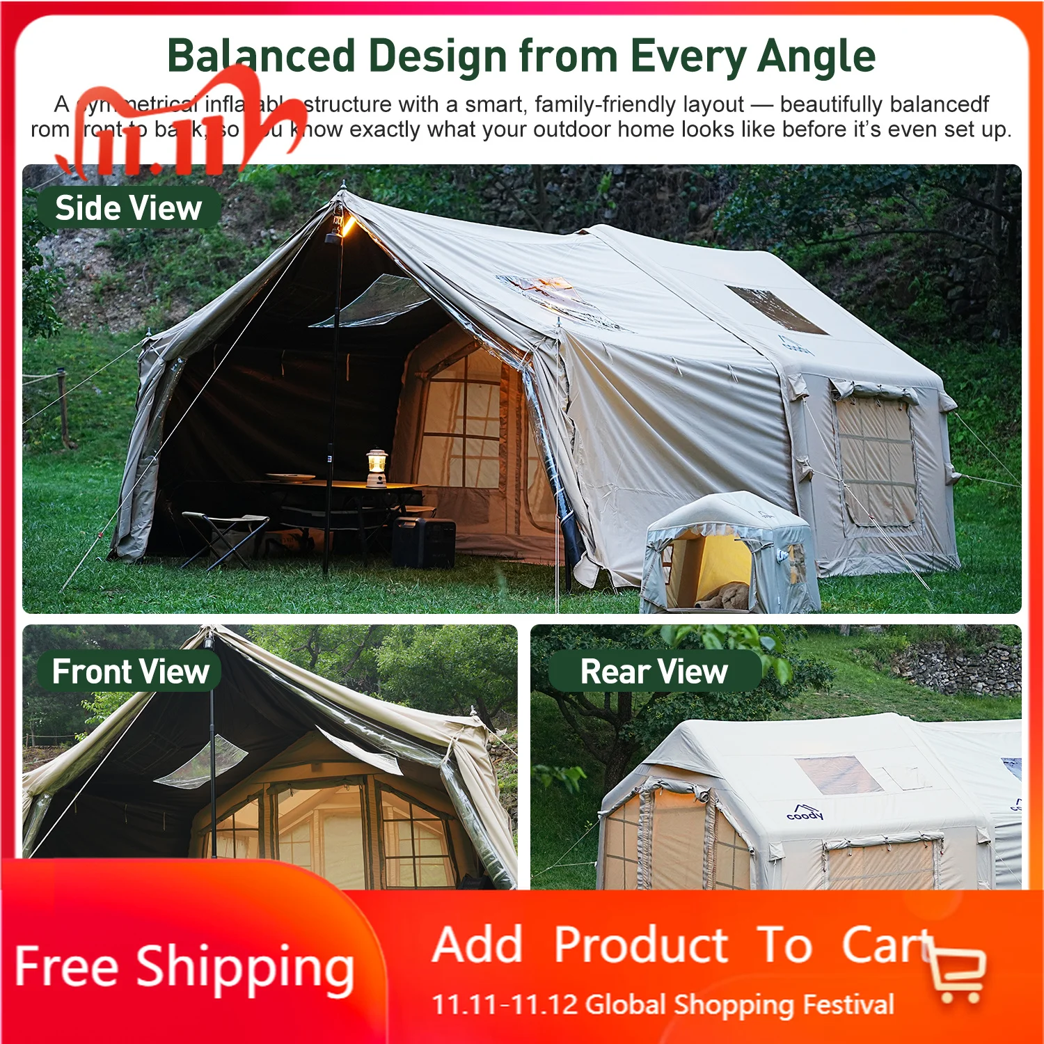 Coody 8.0+Framed Foyer Air Tent-Beige Portable Camping Family Foldable Factory Direct Hot Sale Inflatable Tent