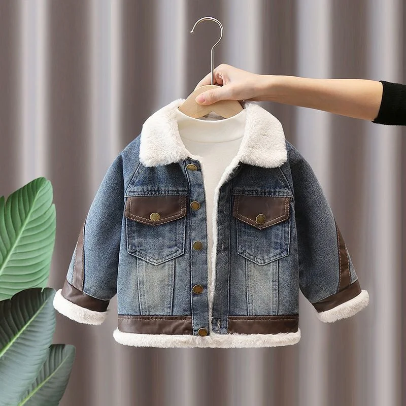 Boys Plus Velvet Denim Jacket Autumn Winter Children's Thick Warm Coats Kids Padded Fleece Lined Outerwear 3-14 Years