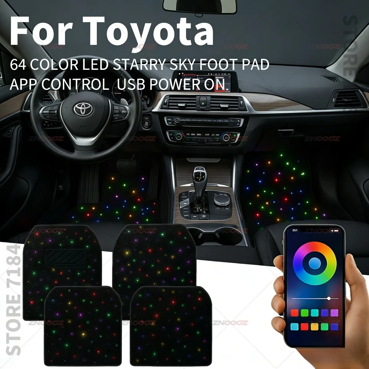 For Toyota Yaris Corolla Camry Crown Mirai C-HR bZ4X RAV4 Harrier Highlander GR86 USB Car LED Starry Sky Foot Mat DIY Can Be Cut