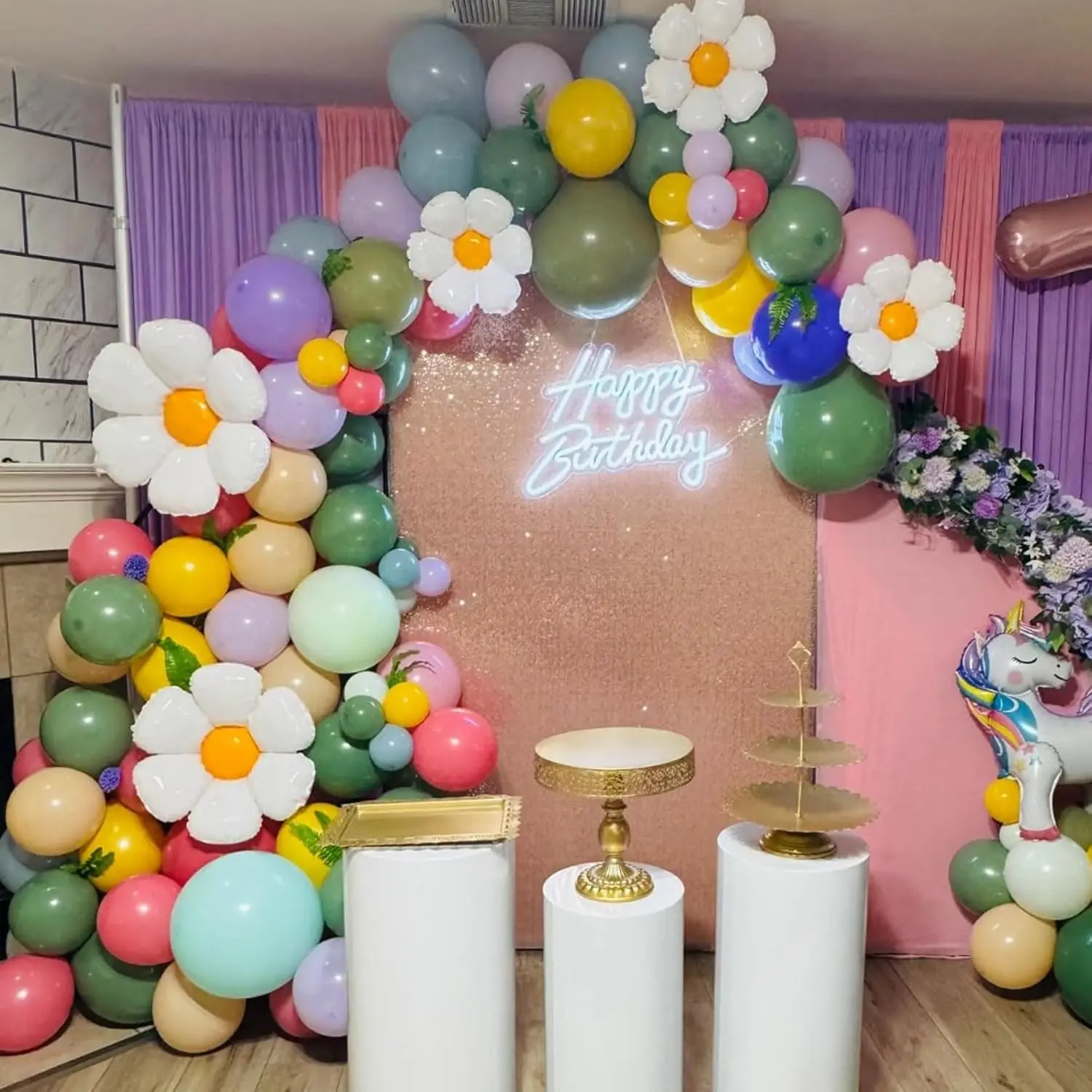 

130pcs Pink and Green Yellow WildFlower Balloons Arch Kit for Baby Shower Spring Daisy Flower Theme Birthday Party Decorations