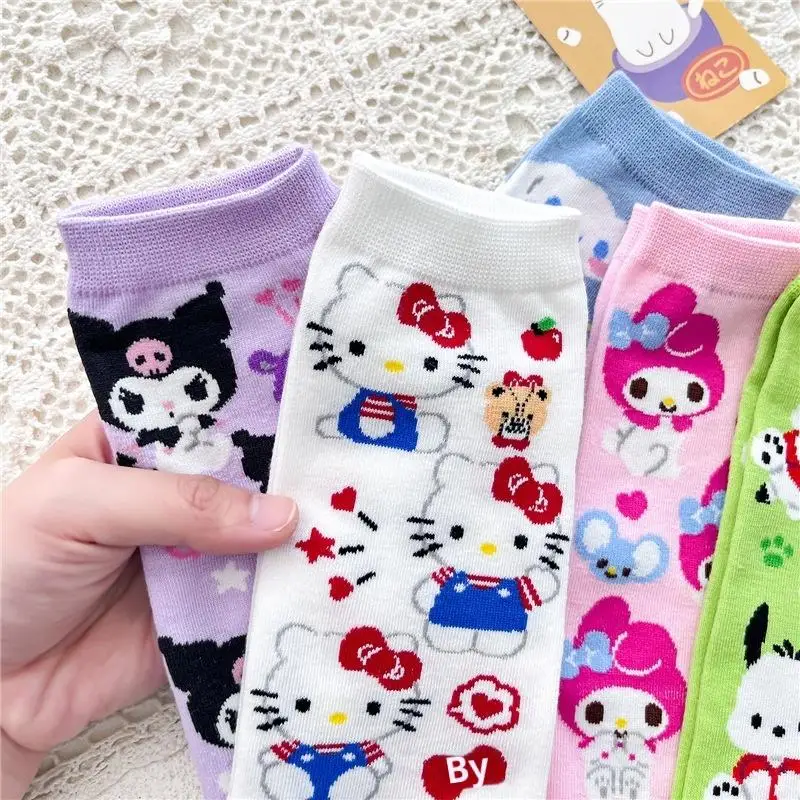 جوارب سانريو هالو كيتي ماي ميلودي كورومي سينامورول أنيمي ثنائية الأبعاد، جوارب قصيرة مريحة على شكل قلب فتاة حلوة قابلة للتنفس