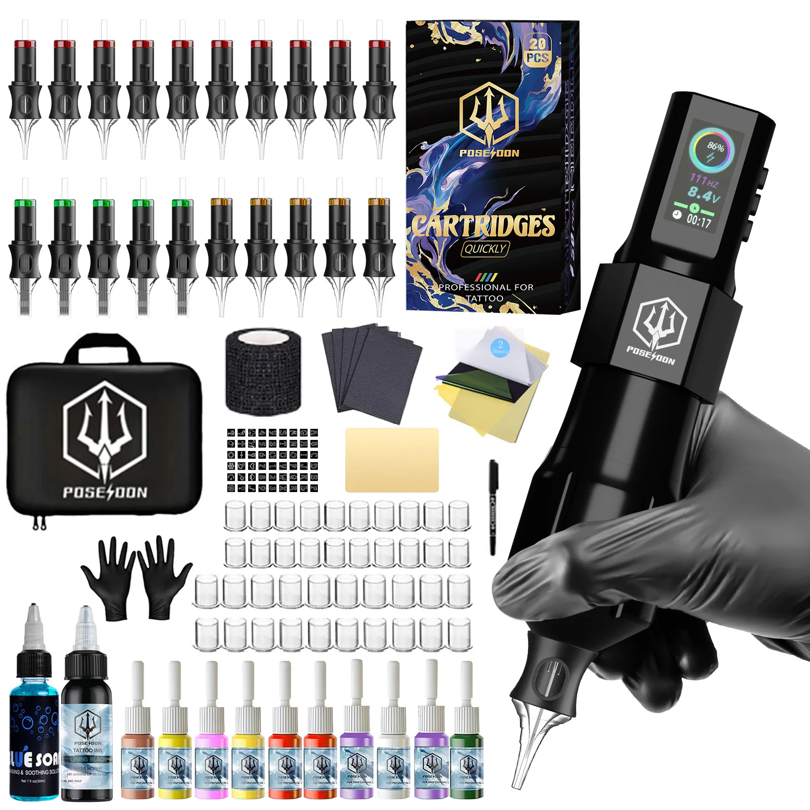 Tattoo Kit POSEIDON V5 Hot Tattoo Pen Kit For Permanent Makeup Tattoo Machine Kit Wireless Tattoo Power Supply Tattoo Gun Kit