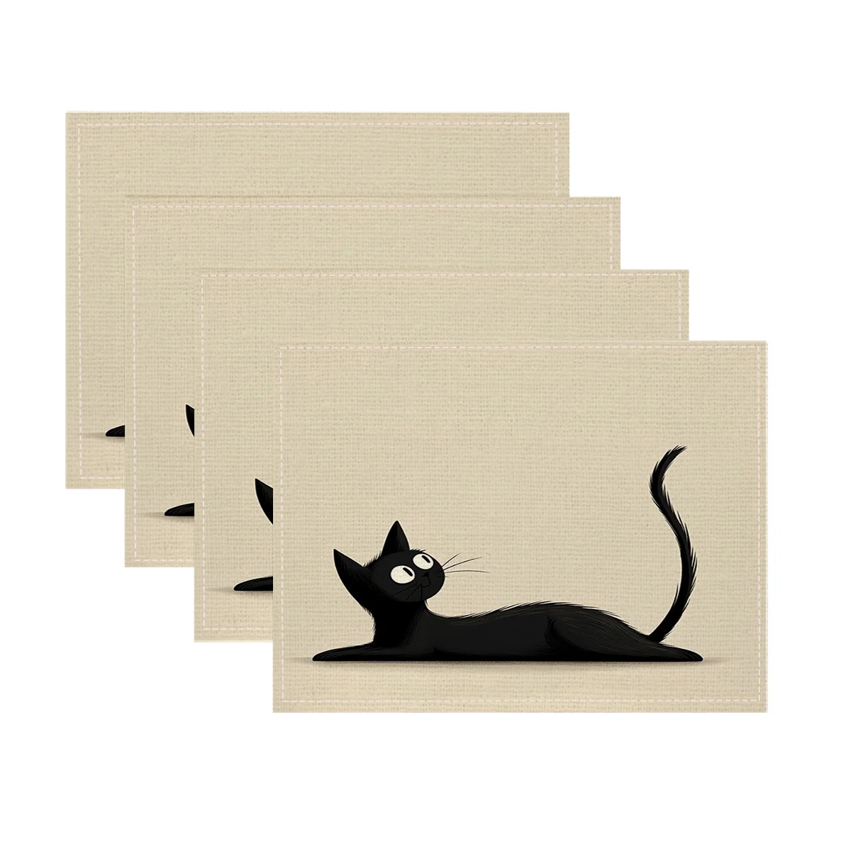 4/6/8pcs Black Cat Tail-Wagging Printed Placemats, Festive Linen Table Mats for Kitchen Dining Table, Party Celebrations