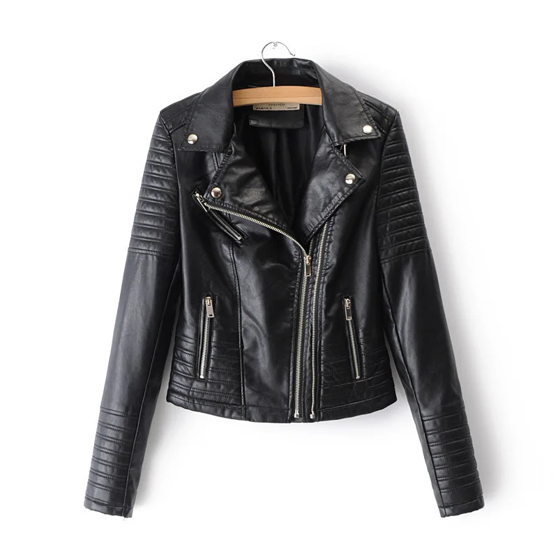 

Women Black PU Jacket Spring Autumn European American Style Clothing Lapel Motorcycle Turn-down Collar PU Leather Zipper Coat