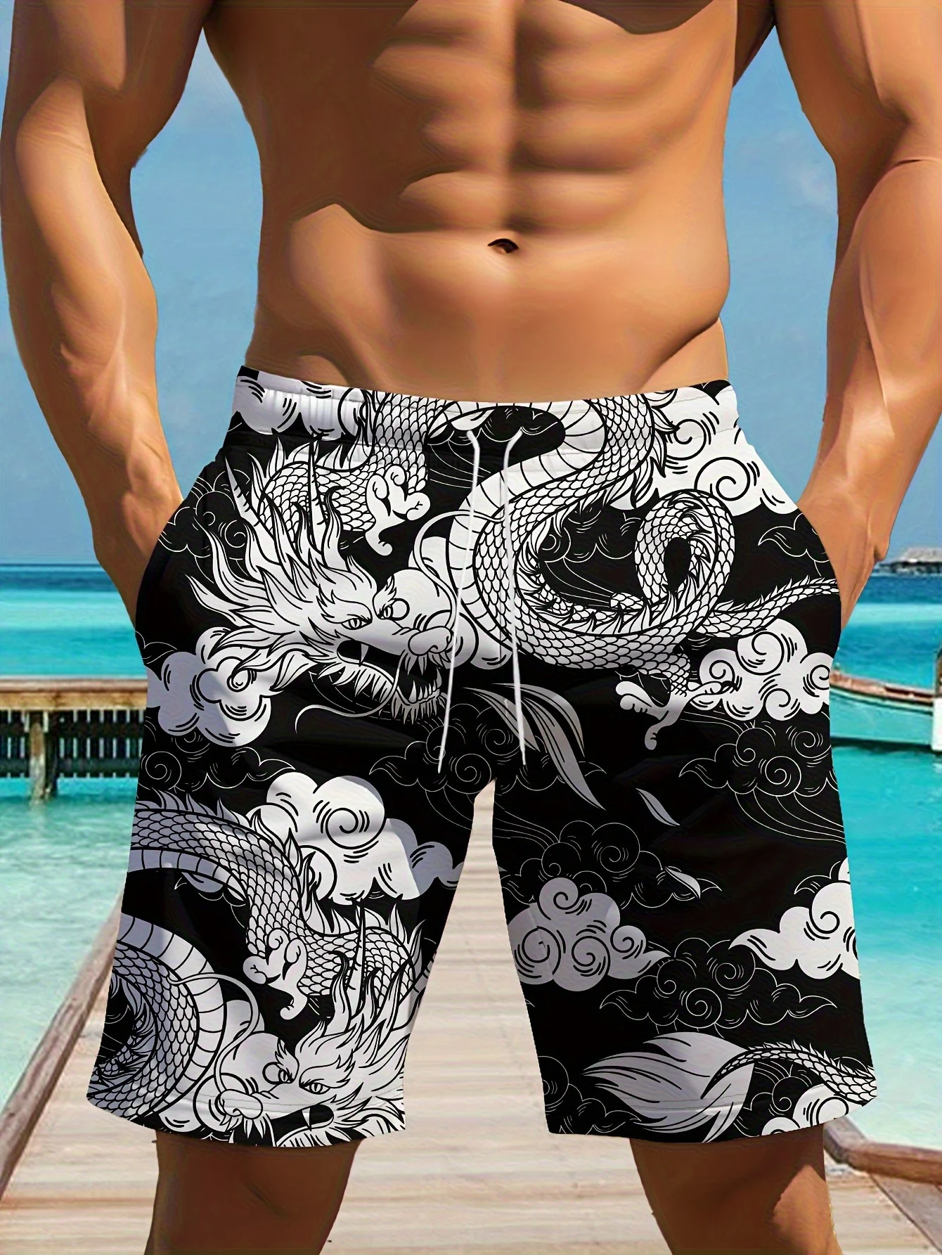 

2026 Cool Fashion Trendy 3D Men's Summer Gothic Dragon Pattern Texture Outdoor Street Wear Pattern Casual Shorts Large