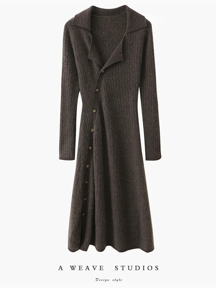 

New Dress 100% Merino Wool Autumn Winter Women's Warm Sweater Button Up Collar Deep V-Neck Long Dress Clothes Cashmere Knitwear