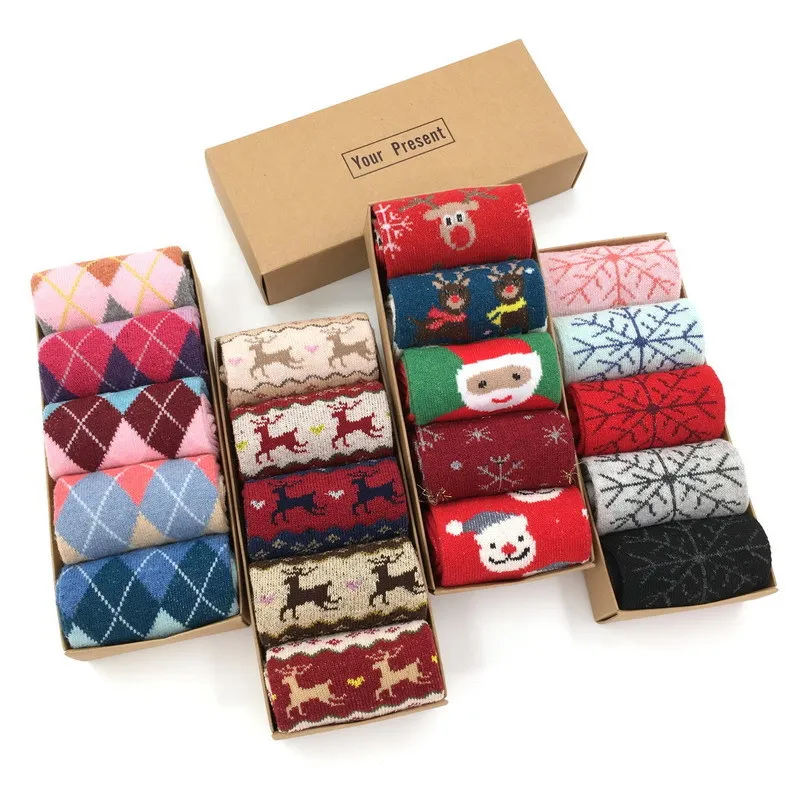 

5 Pair/lot Boxed Wool Socks Women's Winter Christmas Socks Thickened Warm Golden Fawn Socks Gift Boxed Leisure Tube Socks