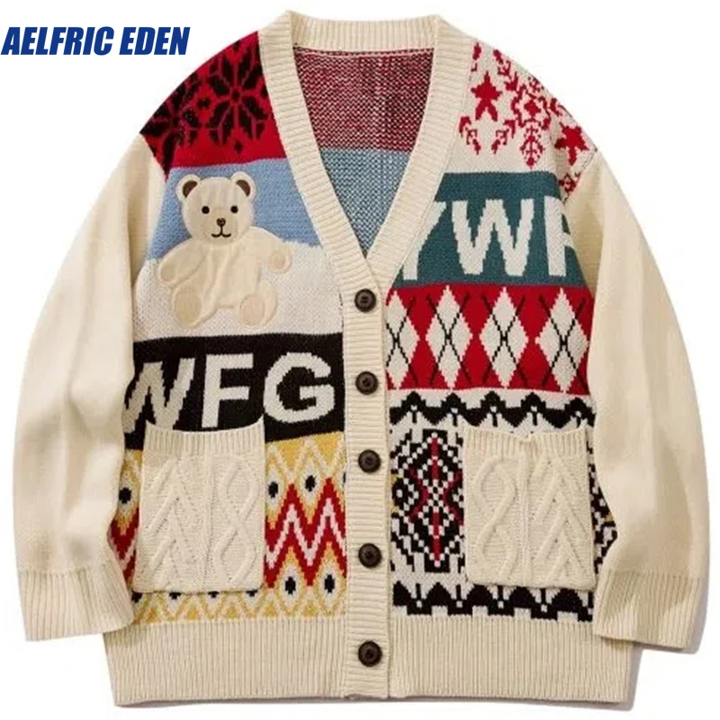 

Aelfric Eden Bear Embroidery Cardigan Sweater Mens Winter Japanese Cartoon Hip Hop Loose Women Knitwear Coats Vintage Cardigans