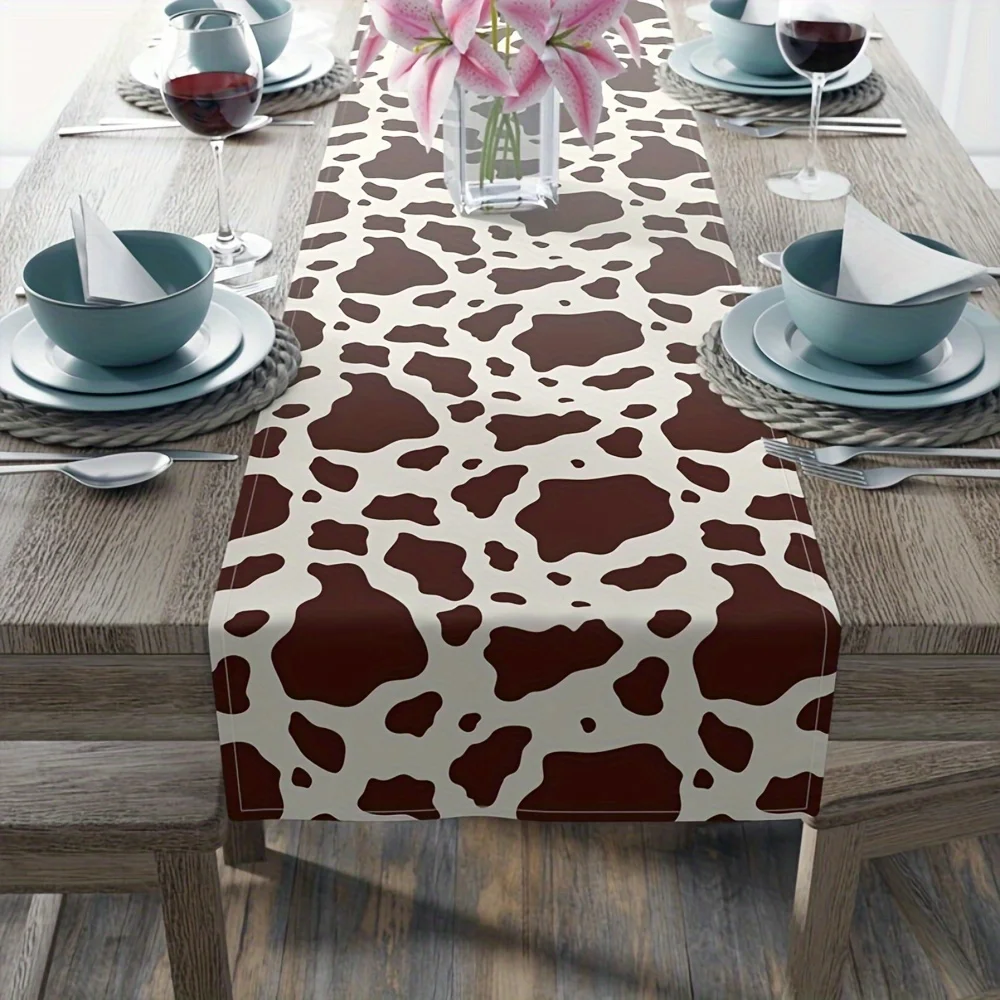 Table Runner Vintage Brown Cow Print Home Kitchen Restaurant Dustproof Rectangular Tablecloth Holiday Party Dinner Decoration