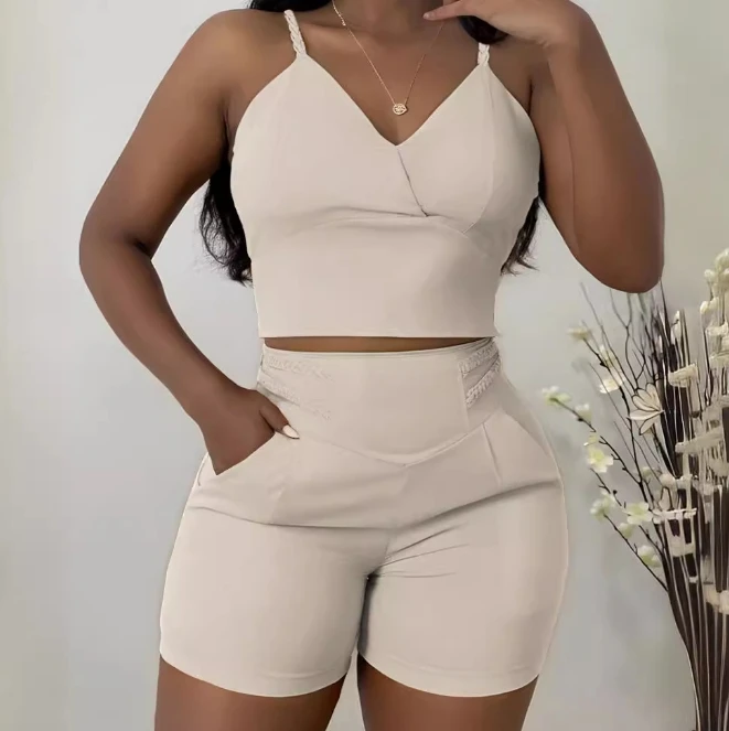 

Women's Two-piece 2024 Summer Elegant Commuter V-neck Fried Dough Twists Shirring Camisole Top and High Waist Pocket Shorts Set