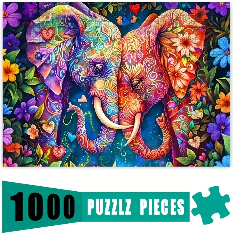 1000 قطعة من أحجية الصور المقطوعة على شكل فيل وزهور للبالغين - ألوان نابضة بالحياة، تصميم معقد، لعبة أنشطة عائلية، مستطيلة بيضاء