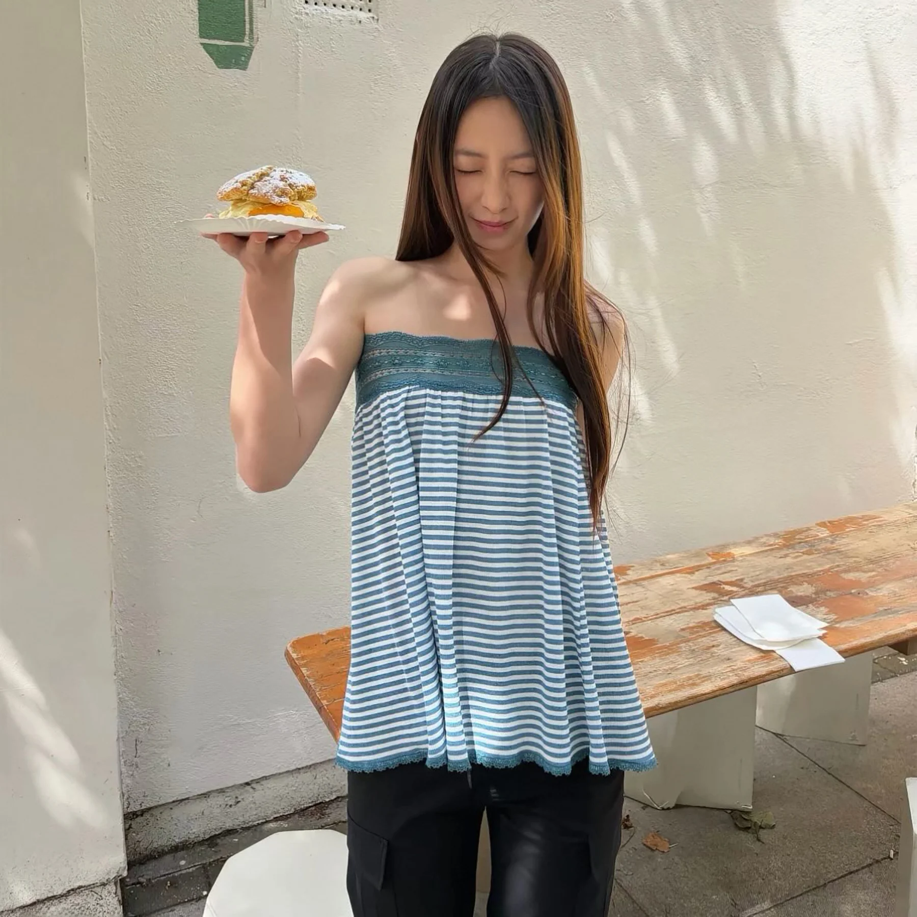 Retro Lace Crop Top Vest Women's Color Block Shoulderless Loose Pleated Casual Home Wear Outdoor Leisure Upper Apparel