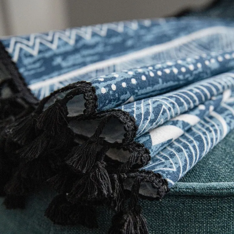 Boho Blue Geometry Cotton Linen Curtain Black Tassel Curtains for Living Room Bedroom American Style Vintage Drape Valance