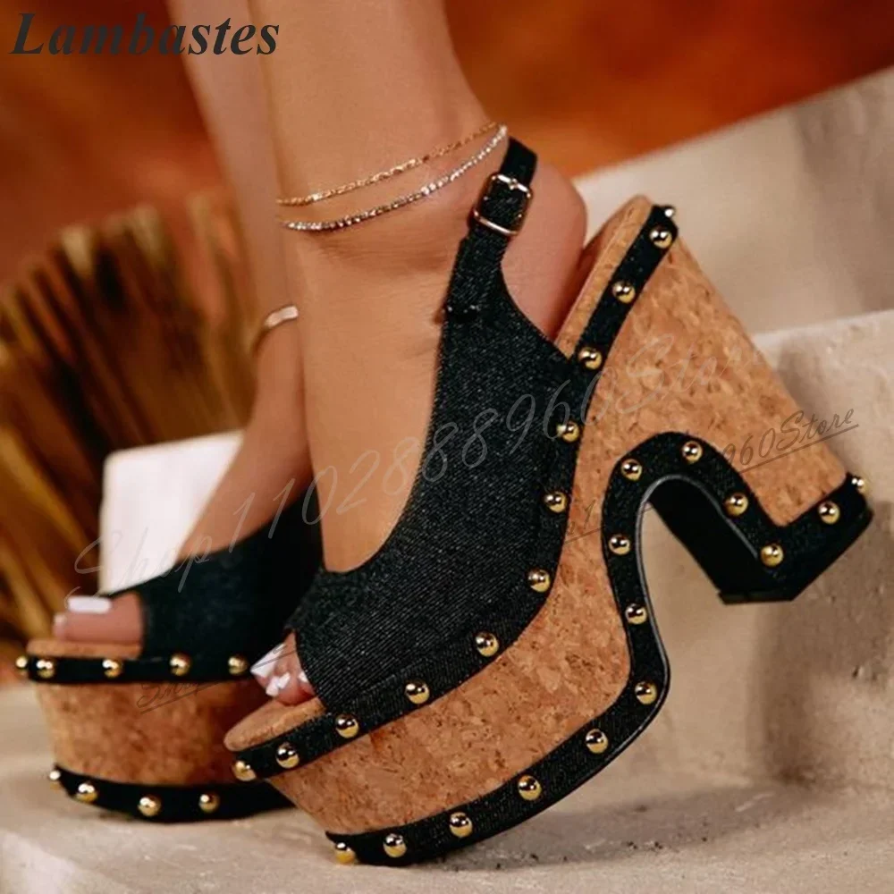

Slingback Black Thick Soled Platform Rivet Sandals Thick Heel Shoes For Women Back Strap Open Toe 2024 Fashion Zapatillas Mujer