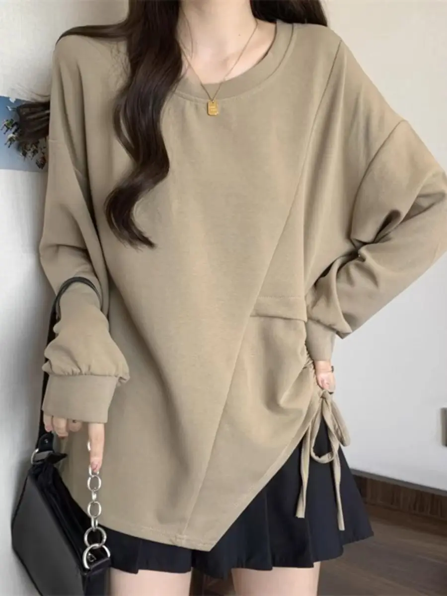

Large Size Round Neck Irregular Drawstring Loose Long-sleeved T-shirt Sweatshirt Women in Spring Autumn Versatile Slimming Top