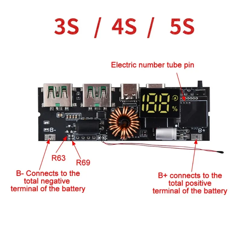 3S 4S 5S 65W 100W PD Fast Charging Module Micro Type-C 4 USB Ports 18650 Power Bank Board With Temperature Safety Protection