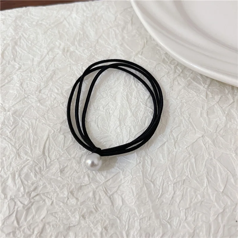 10pcs Simple Fashion Pearl Hair Bands Black Rubber Women Ponytail Holder Three Layer Hair Ties Elastic Scrunchies