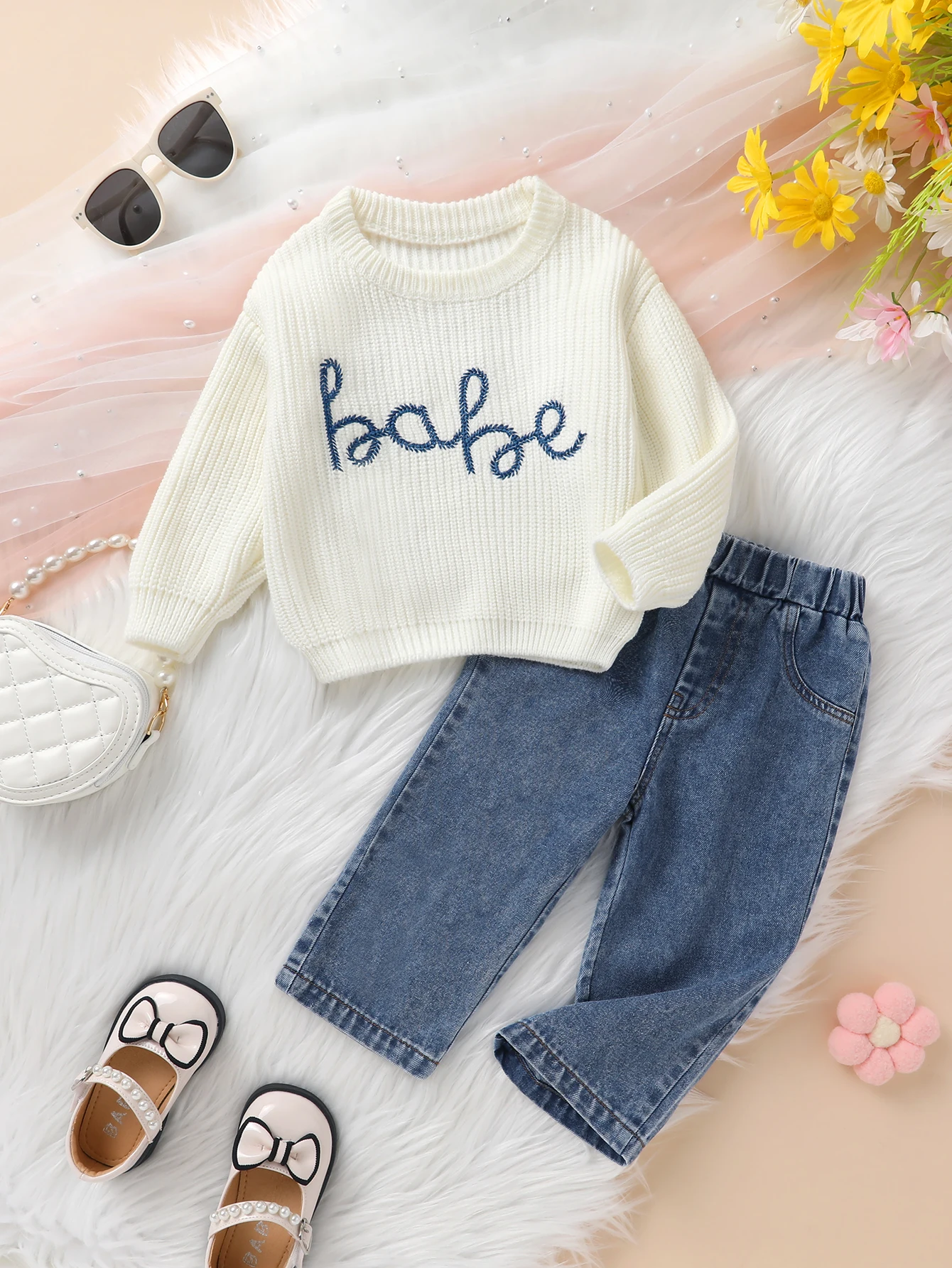 Baby Girls' 2-Piece Outfit: Minimalist Embroidered Letter Soft Knit Sweater & Stretch Waist Jeans