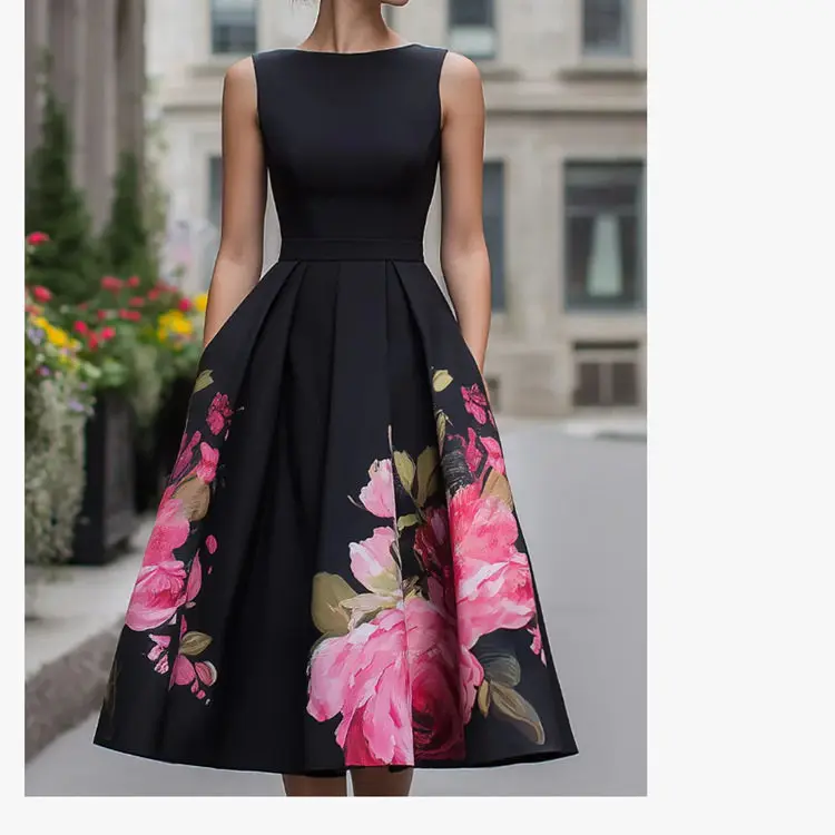 

Women's Floral Print Round Neck Midi Dress Sleeveless A-Line Elegant Cocktail Party Evening Dress Holiday Chic Ladies Dress