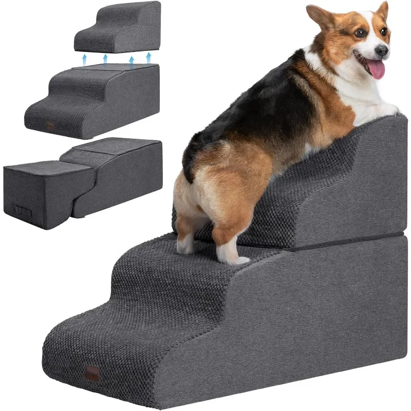 

Dog Stairs for High Beds, 4-Step Dog Steps for Small Dogs and Cats, Foldable Pet Stairs for High Bed Climbing, Non-Slip Balanced