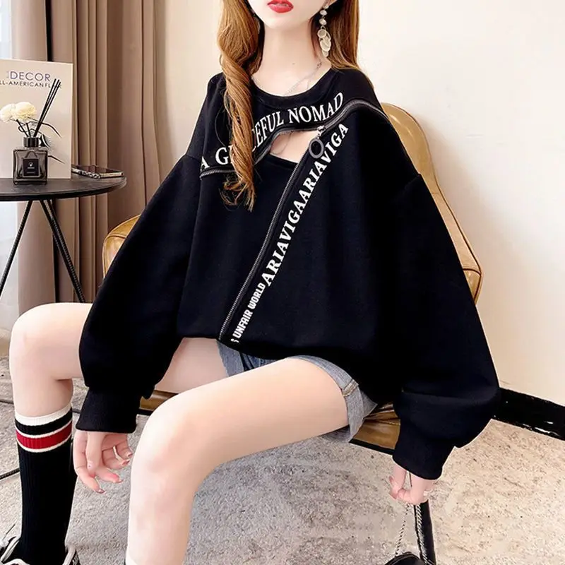 Fashion Loose Printed Zipper Hollow Out Sweatshirts Female Clothing 2024 Spring New Oversized Korean Tops Casual Sweatshirts