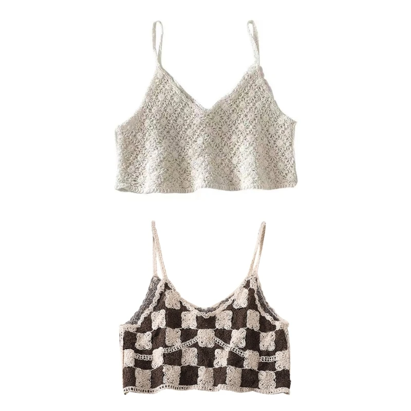 

2pcs White+Lattice Pattern Top Woman Hollow out Crochet Knit Sleeveless Crop Top Seaside Vest