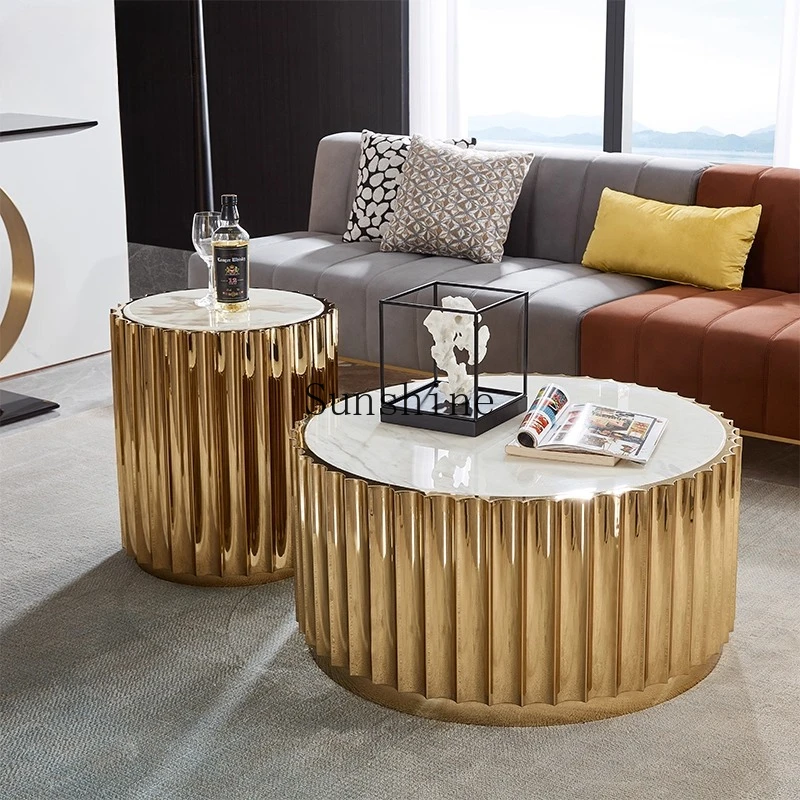 

Italian light luxury marble round creative sofa edge stainless steel villa living room corner