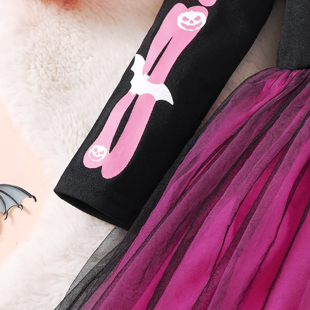 2026 Mädchen-Halloween-Kleid Herbst-Winter-Outfits Gestricktes Rundhals-Langarmkleid mit Rüschen für Partys und Versammlungen Kinderkostüm – Detail 8