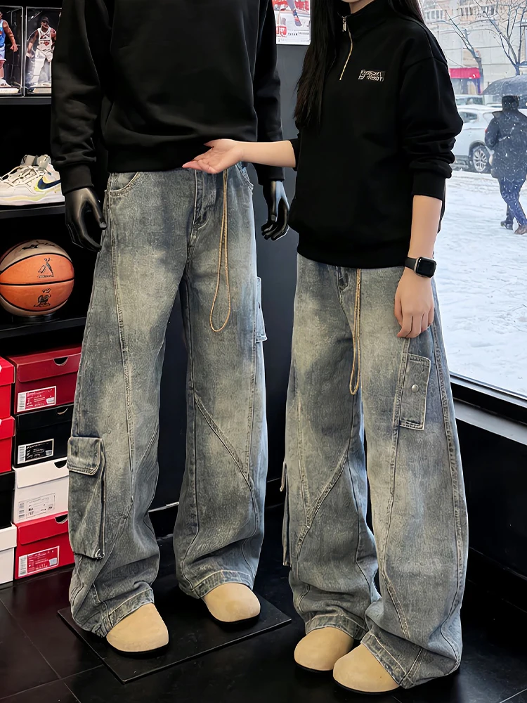 

Light Blue Wide Leg Men's Jeans Winter American Sle Design Straight Workwear Pants Knife ket mid Waist Denim Jeans