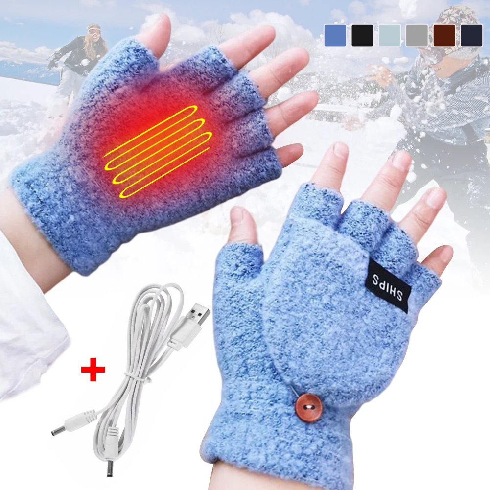 Electric Heated Gloves Thickened Warm Gloves Double-sided Heater Rechargeable USB Reusable Winter Warm Laptop Sports Ski Gloves