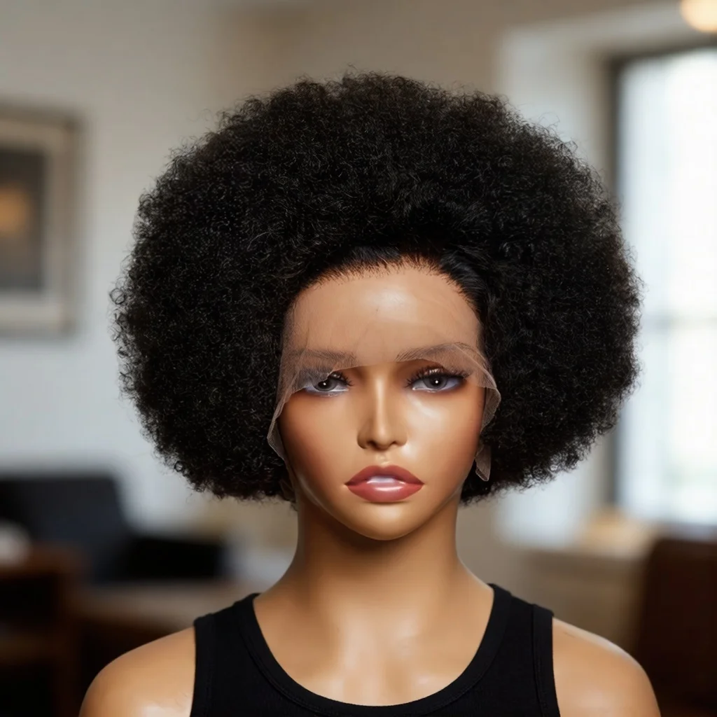 13x4 Lace Front Wig Human Hair 200% Density Afro Kinky Curly PrePlucked Short Bob Style with Natural Hairline